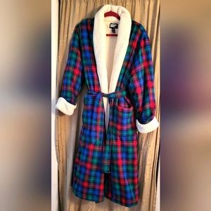 Lands' End Women's Plush Sherpa Fleece Deep Sea Festive Plaid Lined Long Robe 2X